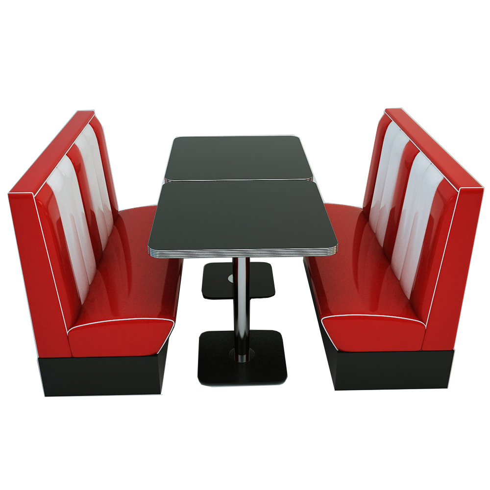 1950s retro diner booth table set M-8102,Hotsale double seating American retro diner red stripe booth seating and black table set furniture
