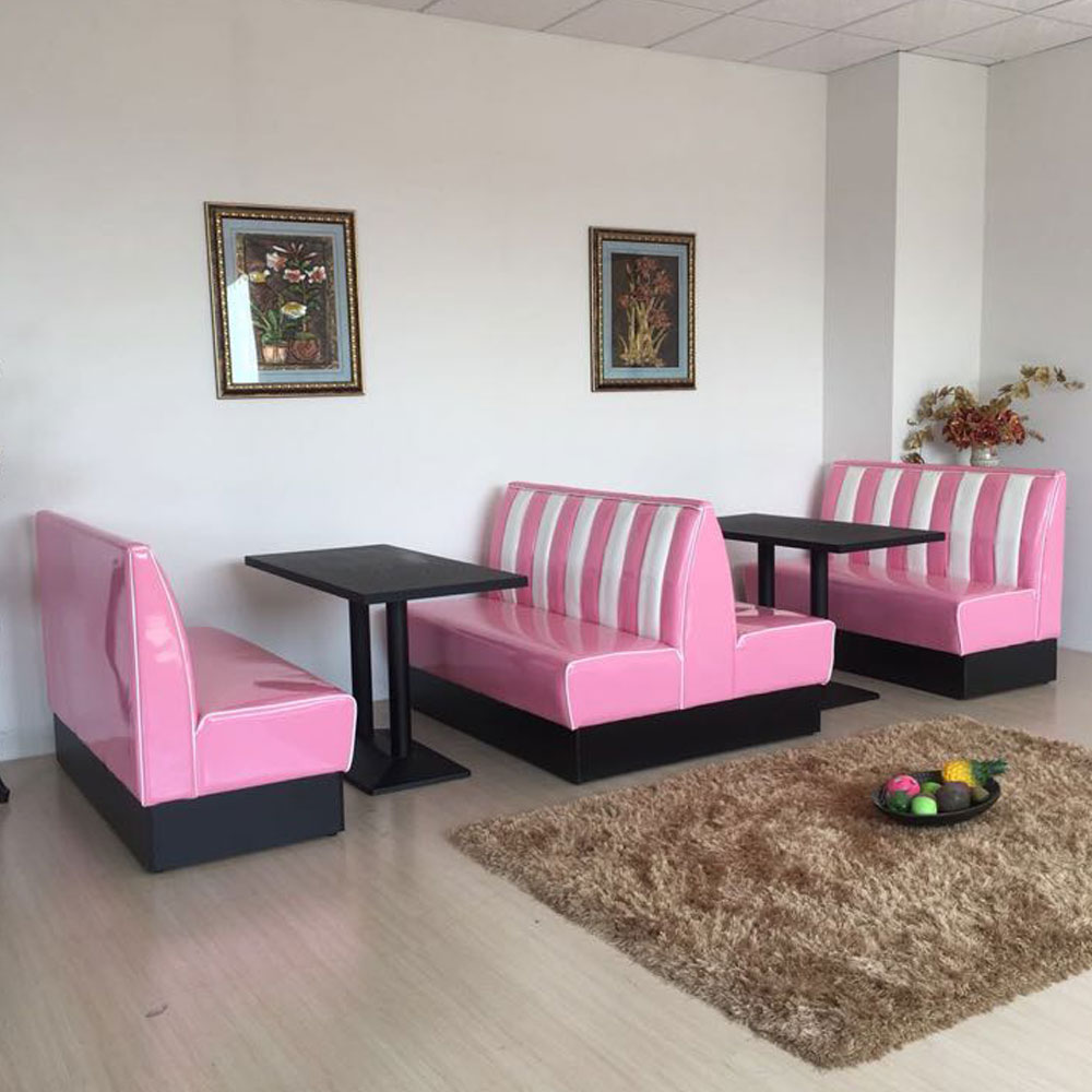 1950s retro diner booth table set M-8106,Fifties style retro pinke and white double side American diner booths seating with black tables furniture set