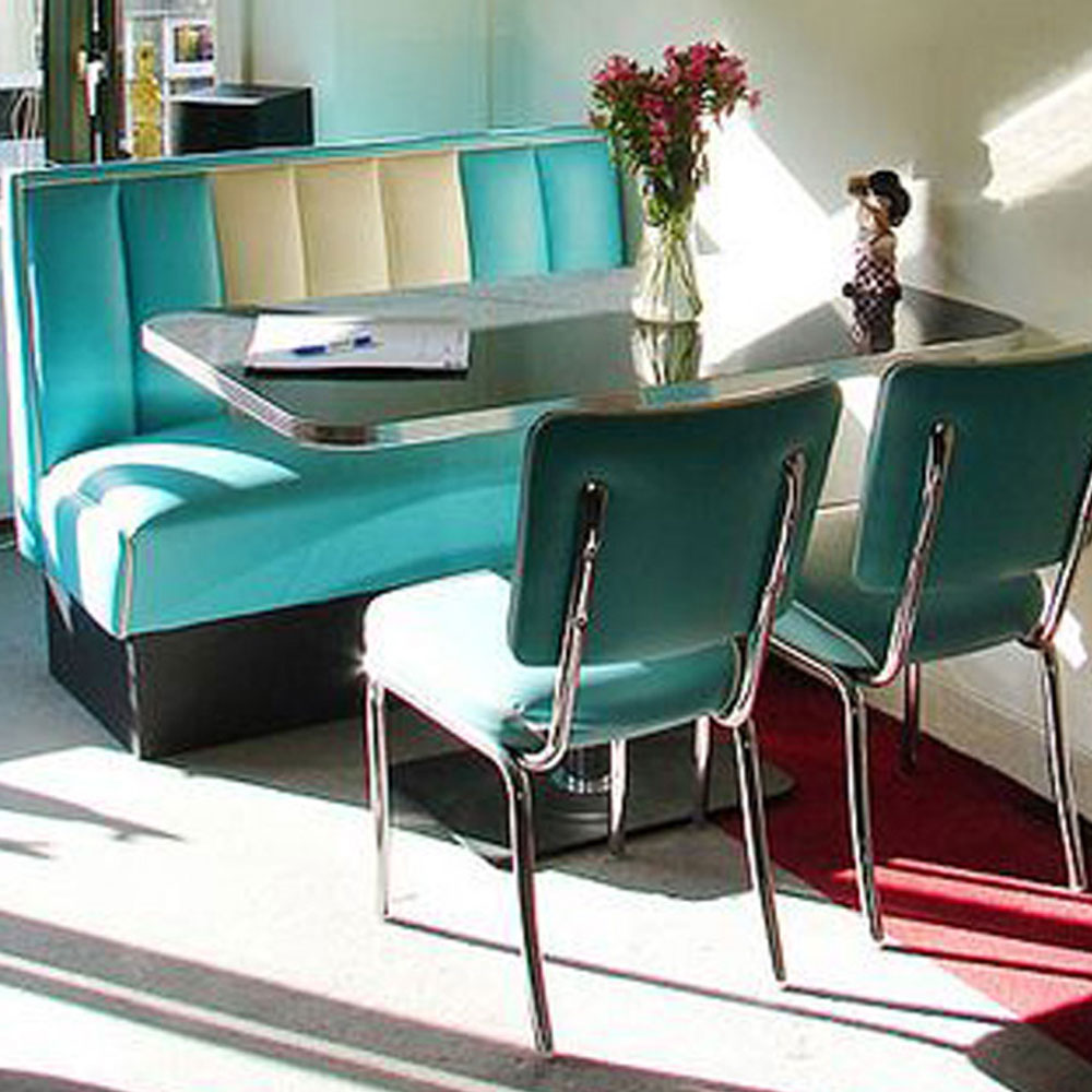 1950s retro diner booth table set M-8107,High quality turquoise stripe retro American diner booth seating Bel Air booth seating and table Chrome diner chairs set furniture