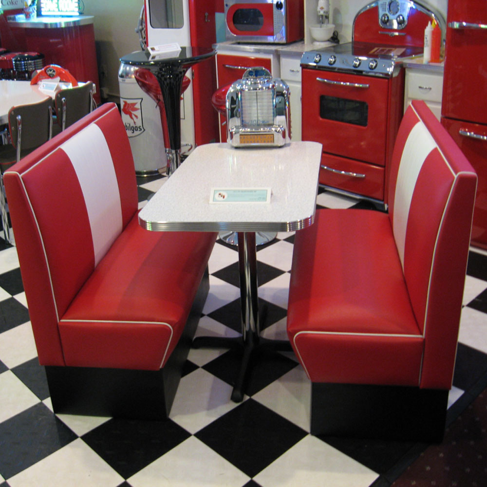 1950s retro diner booth table set M-8108,High quality red and white 1950s style retro american diner Bel Air booth seating and white table set