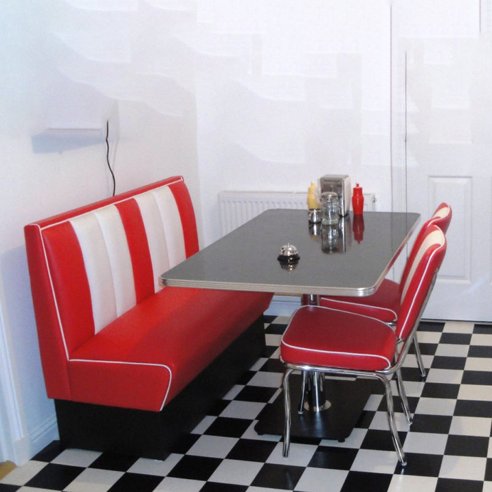 1950s retro diner booth table set M-8110,Beautiful red and white booth seating set furniture, midcentury retro diner Bel Air booth seating and Chrome diner chair table set