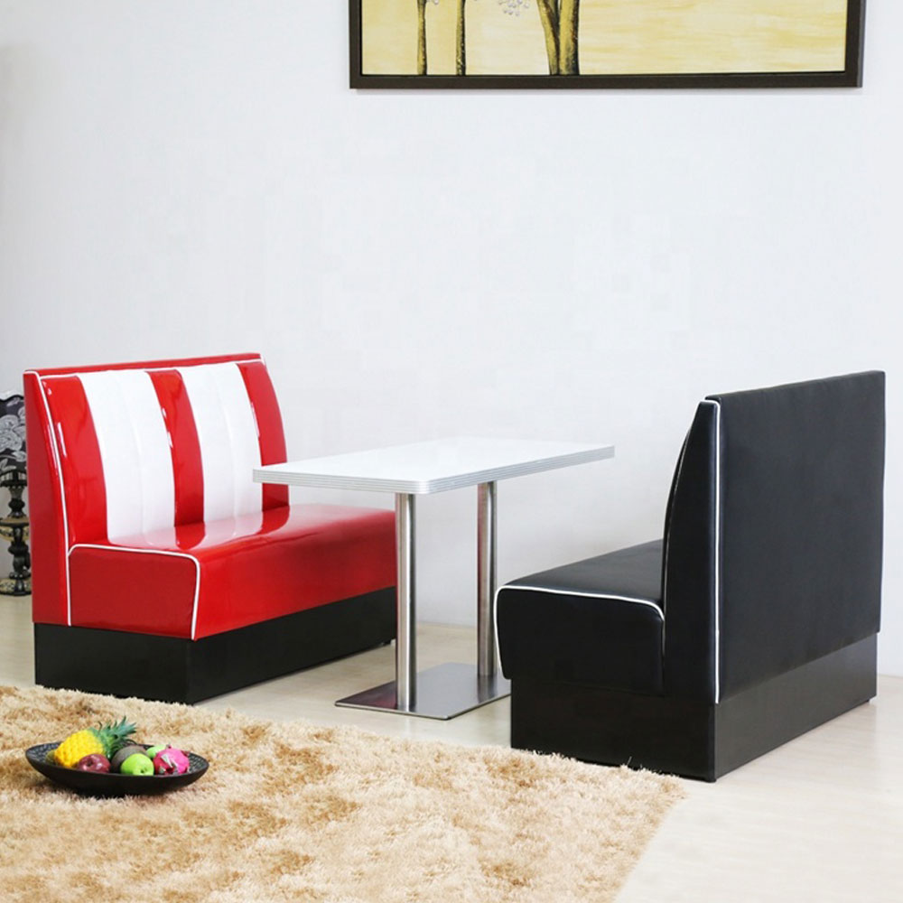 1950s retro diner booth table set M-8112,Red and white stripe backrest midcentury american retro diner table and booth sofas set, red 1950s style retro diner booth seating and table set furniture