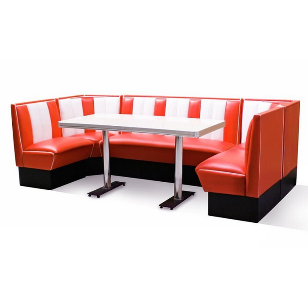 1950s retro diner booth table set M-8121,Customize red and white leather stripe U shape american diner booth couch and formica diner table furniture set