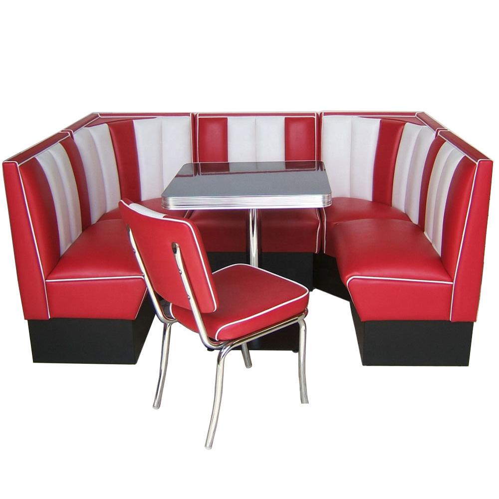 1950s retro diner booth table set M-8124,Customize rubby leather 4 set corner 50s retro diner booth seating sofas and black dinette table set furniture