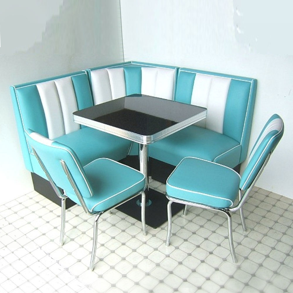 1950s retro diner booth table set M-8125,Wholesale turquoise 4 set L shape midcentury american diner booth seating and black kitchen table furniture set