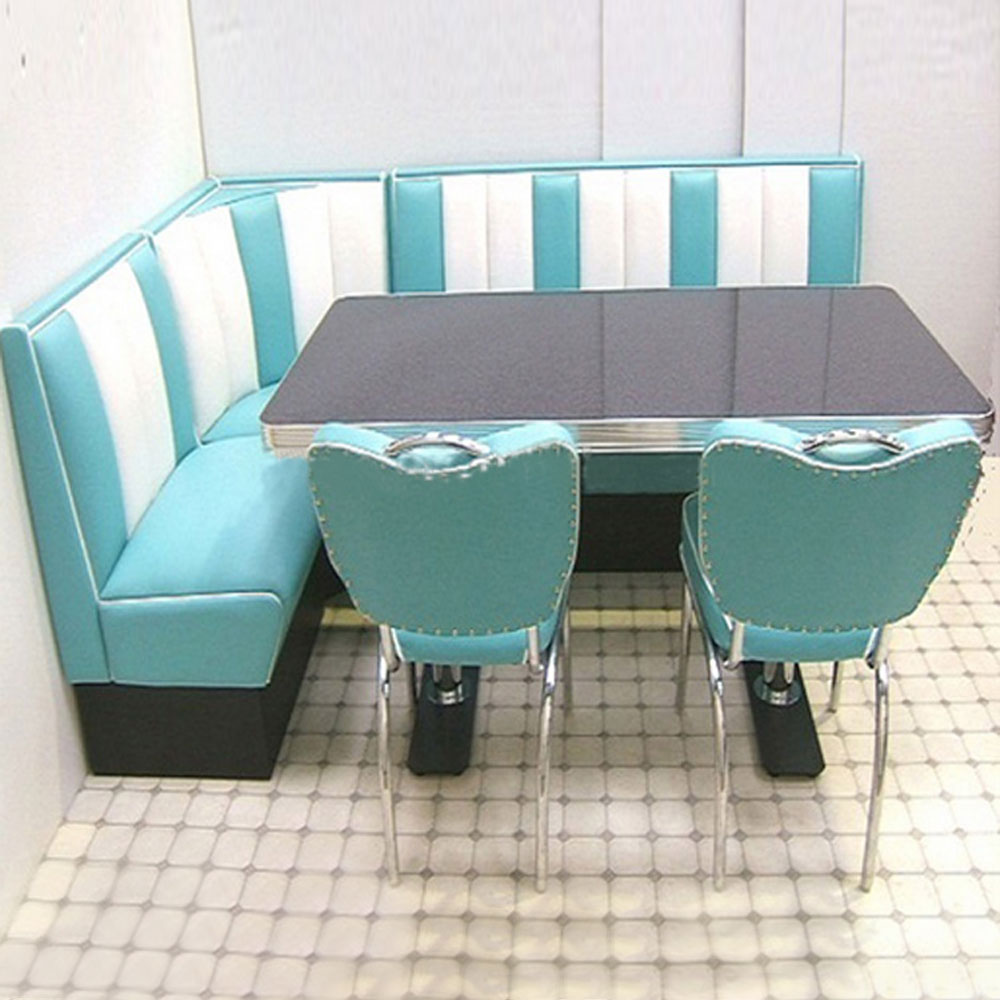 1950s retro diner booth table set M-8126,Durable restaurant turquoise and white L shape fifties retro diner Bel Air booth sofas and diner table set furniture