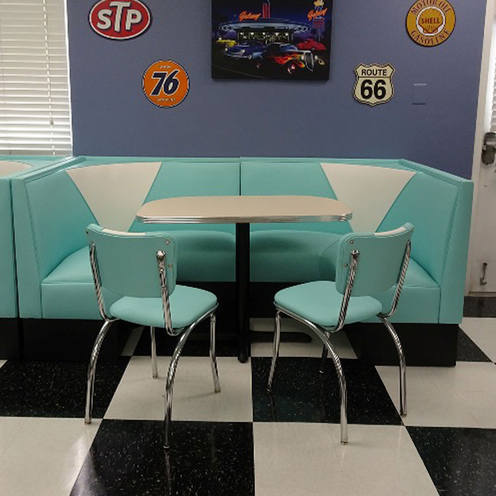 1950s retro diner booth table set M-8129,High quality turquoise U shape V back 1960s american diner booth seating furniture set with diner table, chrome diner chair set