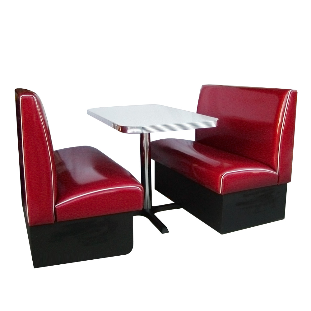 1950s retro diner booth table set M-8136,Durable high gloss red PU leather 2 seats single side american Bel Air diner booth couch with retro diner table set furniture