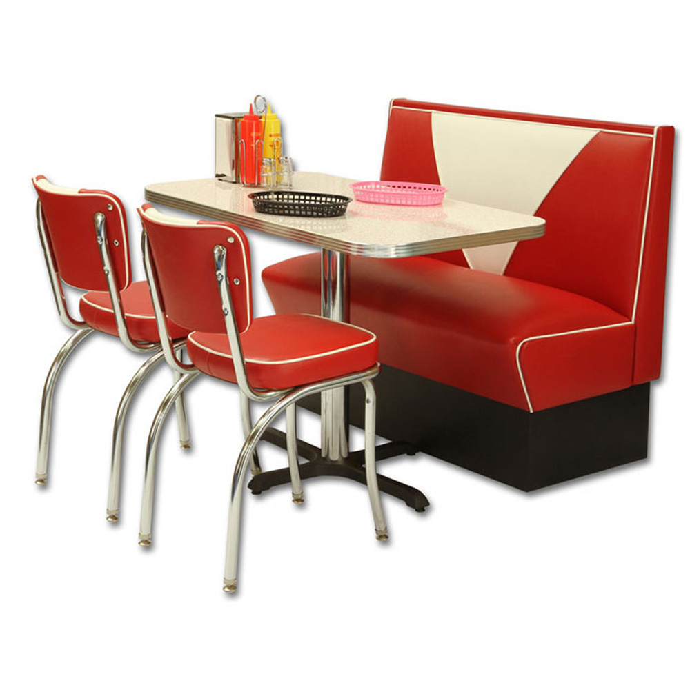 1950s retro diner booth table set M-8142,High quality red and white V back leather midcentury american 1950s diner booth sofas with chrome diner chairs table set furniture