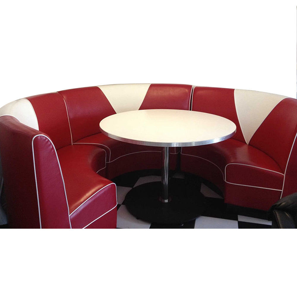 1950s retro diner booth table set M-8146,High quality red V back dinette 3/4 circle retro diner booths couch with steel and formican 1950s diner table furniture set
