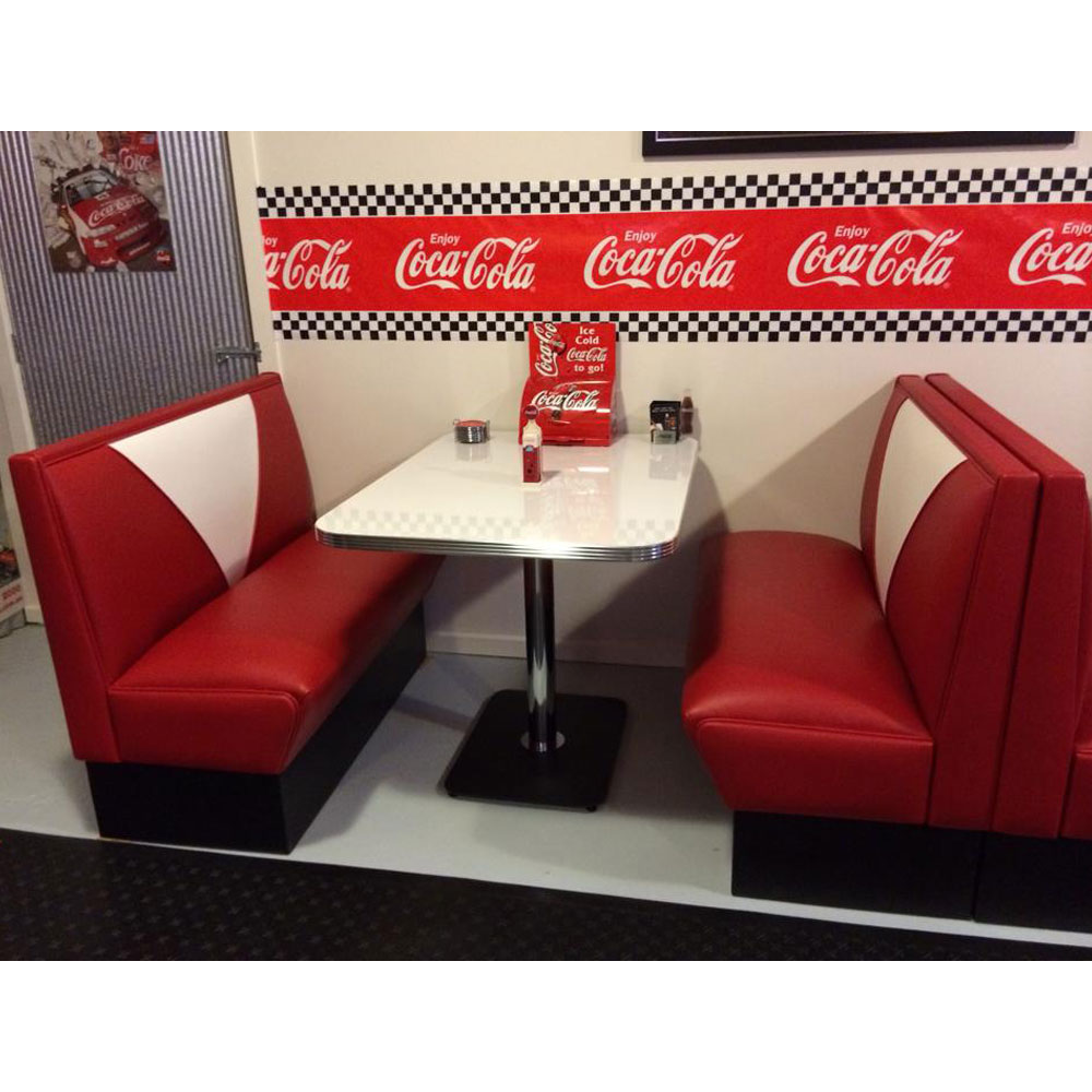1950s retro diner booth table set M-8147,Durable rubby color V back leaather 2 seats long 60s dining room american diner booth sofas with formica retro table set furniture