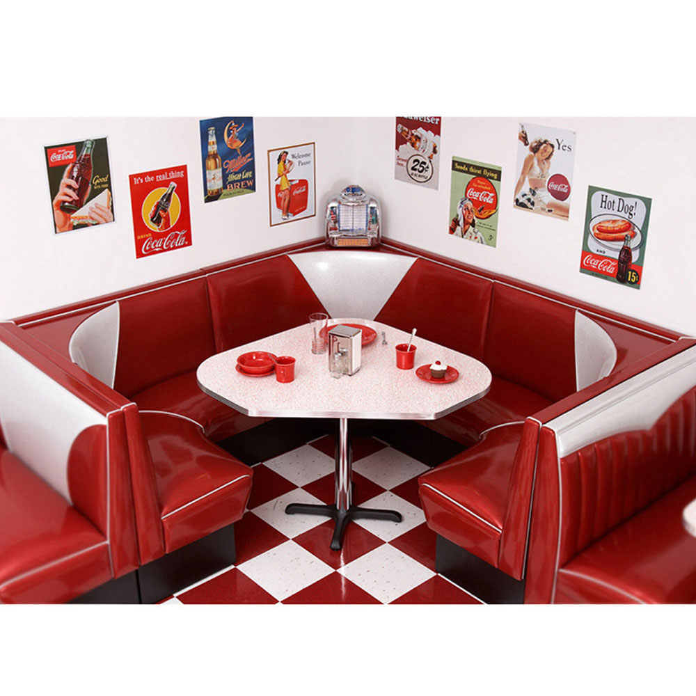 1950s retro diner booth table set M-8148,wholesale PVC leather V-back with piping 3/4 U shape restaurant 1950s diner booth seating with table set furniture