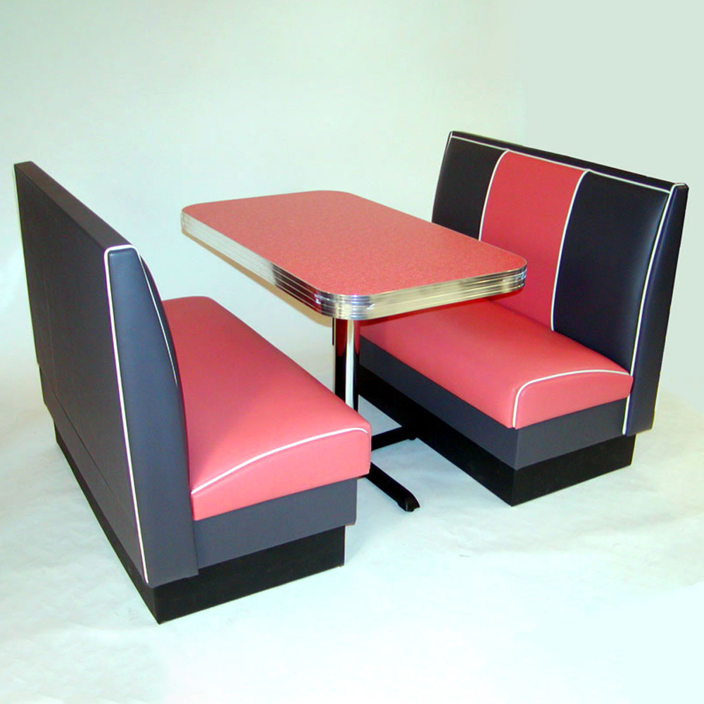 1950s retro diner booth table set M-8165,Classic black and red color stripe leather dinette 1960's american diner booth seating with red formican diner table set furniture