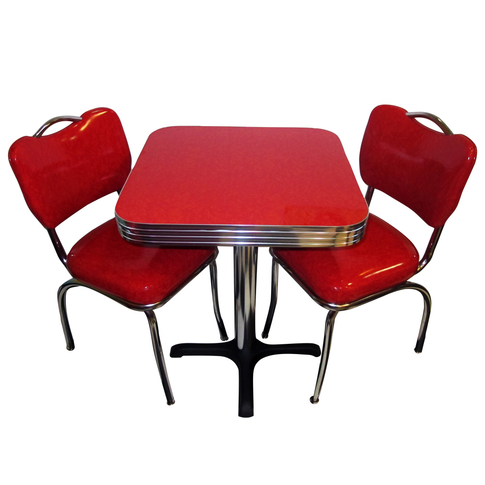 1950s retro diner chairs table set M-8184,Gloss red leather american style retro dining chairs and table set furniture, midcentury 2 seat red colour with handle retro american dining table and chairs set M-8184