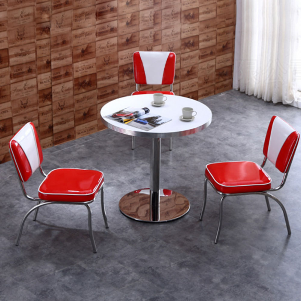 1950s retro diner chairs table set M-8186,Customaize gloss red and white V back diner retro 1950s chrome diner chairs with round stainelss steel diner table furniture set