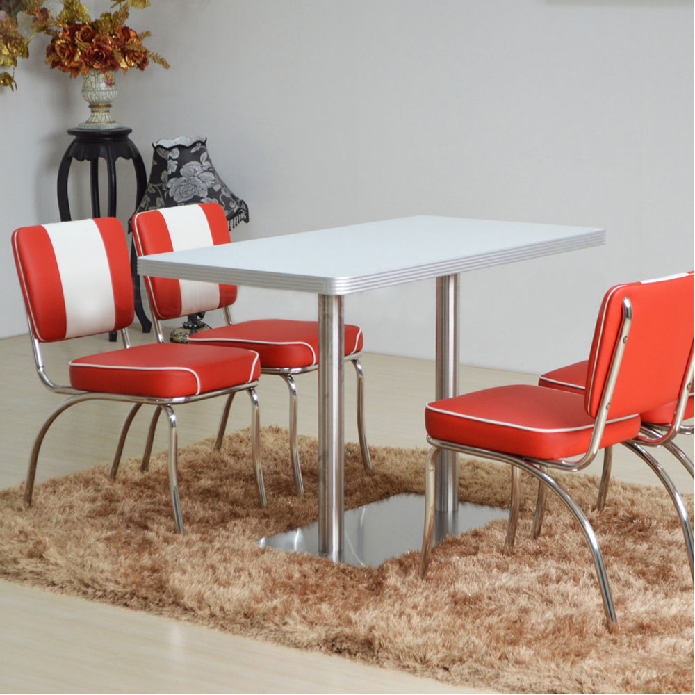 1950s retro diner chairs table set M-8191,Classic 4 set red smooth with piping dinette chrome midcentury 1950's retro chairs with formica white diner table set furniture