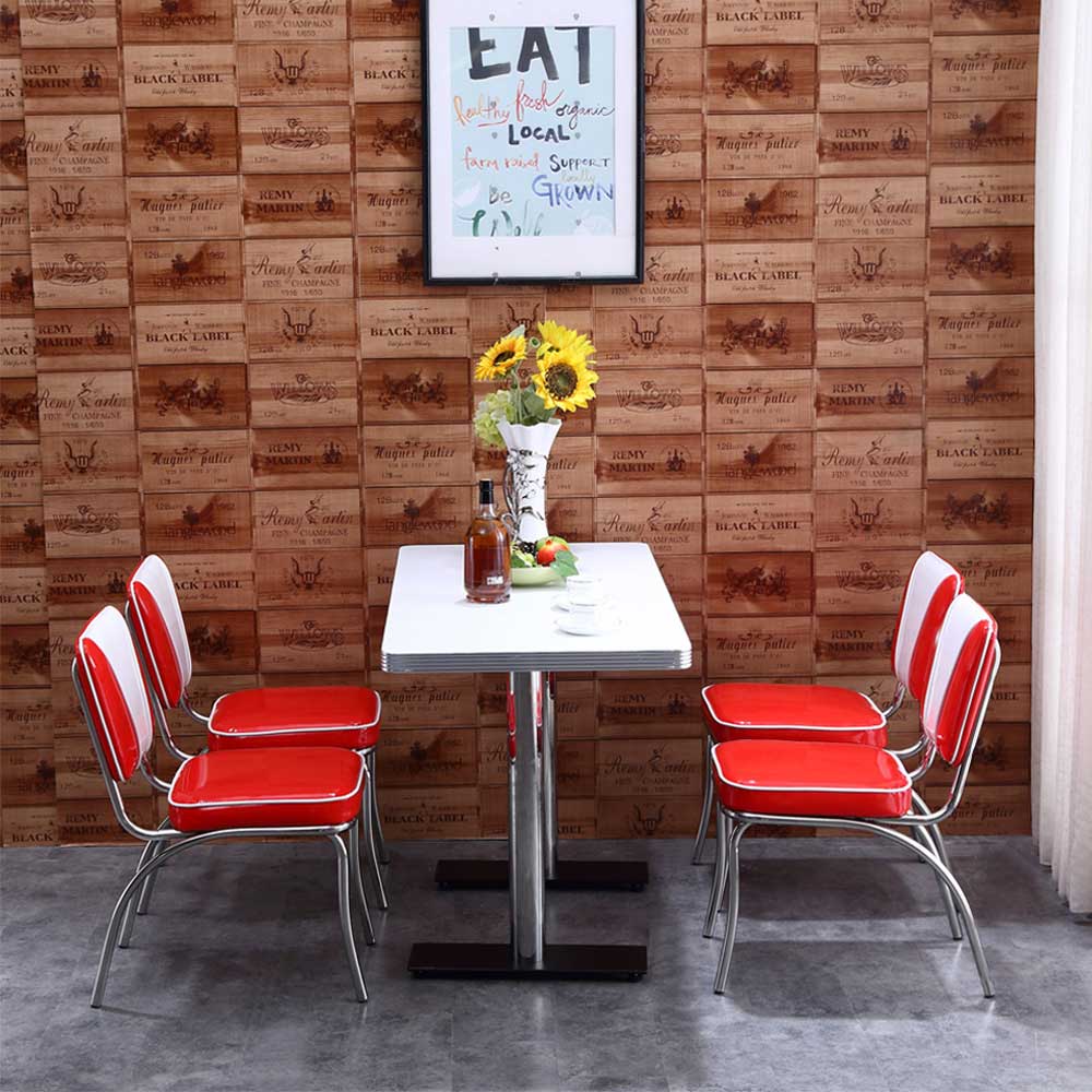 1950s retro diner chairs table set M-8192,Wholesale high gloss red and white V back cafeteria 50s retro diner chair with formica steel diner chairs set furniture