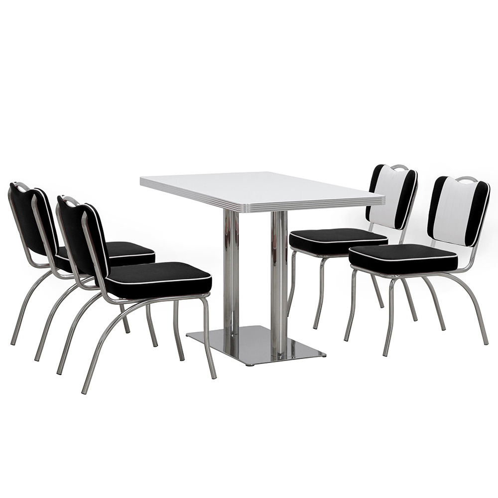 1950s retro diner chairs table set M-8194,Black and white stripe backrest 1950s retro diner chairs and table set, midcentury stripe 50s retro table and chairs set furniture