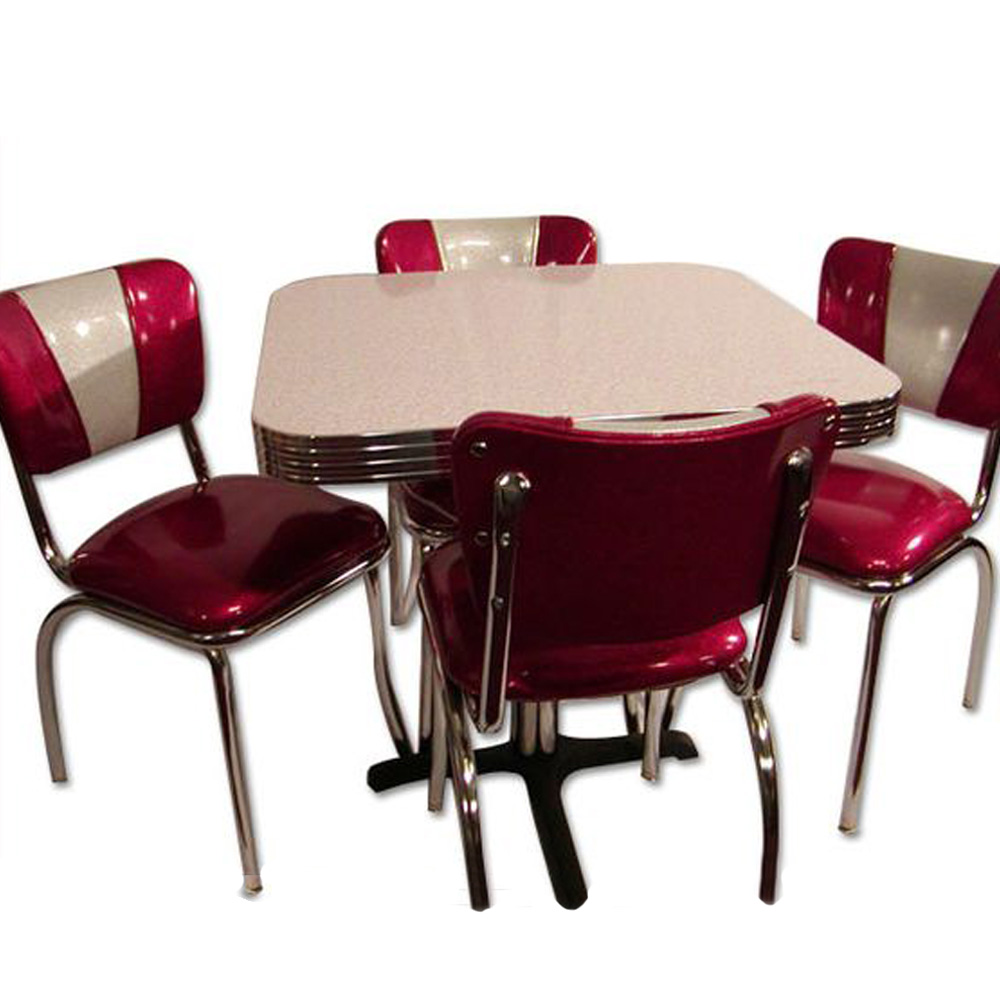 1950s retro diner chairs table set M-8196,4 seats square formica diner table with V back gloss rubby vinyl 50's american chrome diner chairs set furniture
