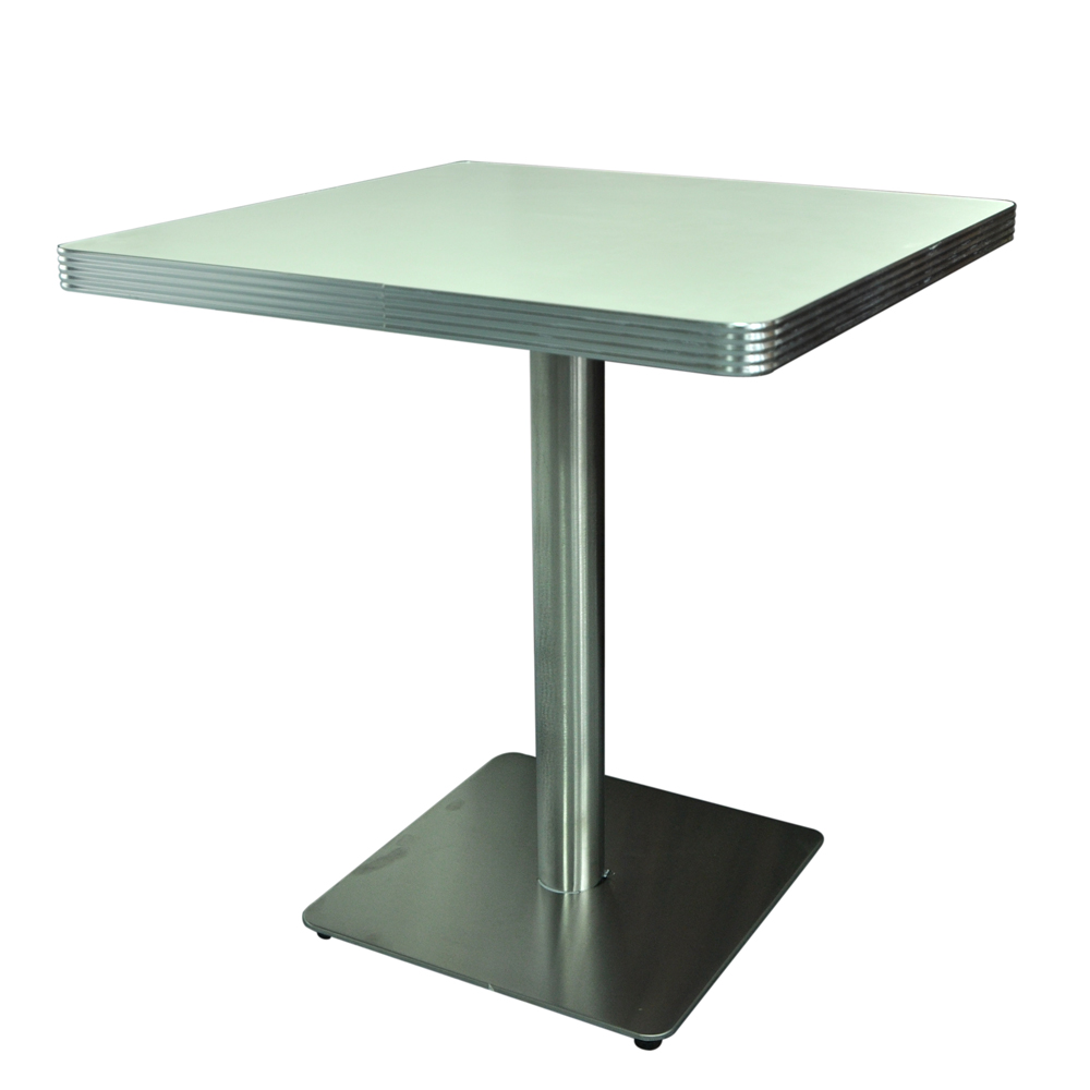 1950s american retro diner table M-8201,High quality Formica laminate ice white color square table top with 304# stainless steel table legs retro diner table for 2 seater
