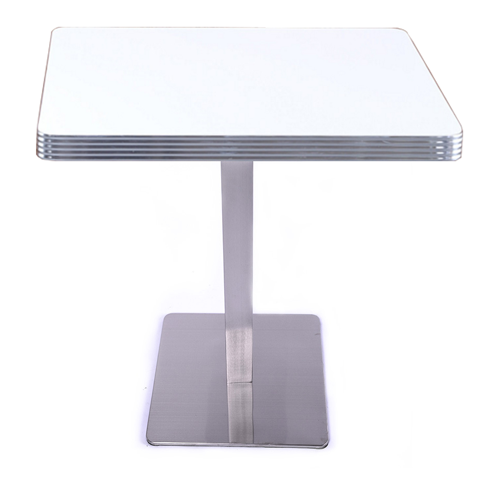 1950s american retro diner table M-8202,Classic snow white color Formica laminate veneer square 2 seater table top with glossy stainless steel table legs american diner table