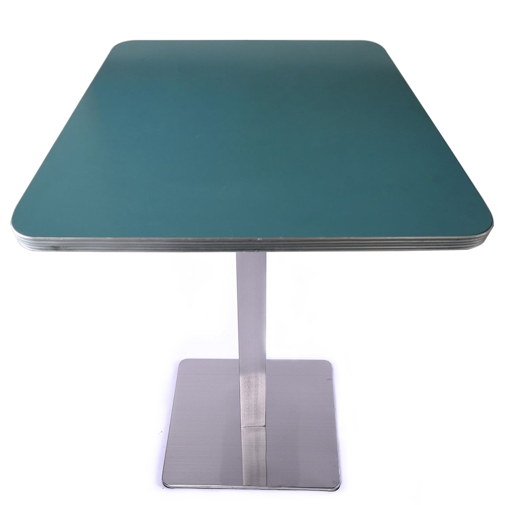 1950s american retro diner table M-8203,wholesale turquoise Formica laminate color square table top with 201# stainless steel table legs american 1950s diner table for sale