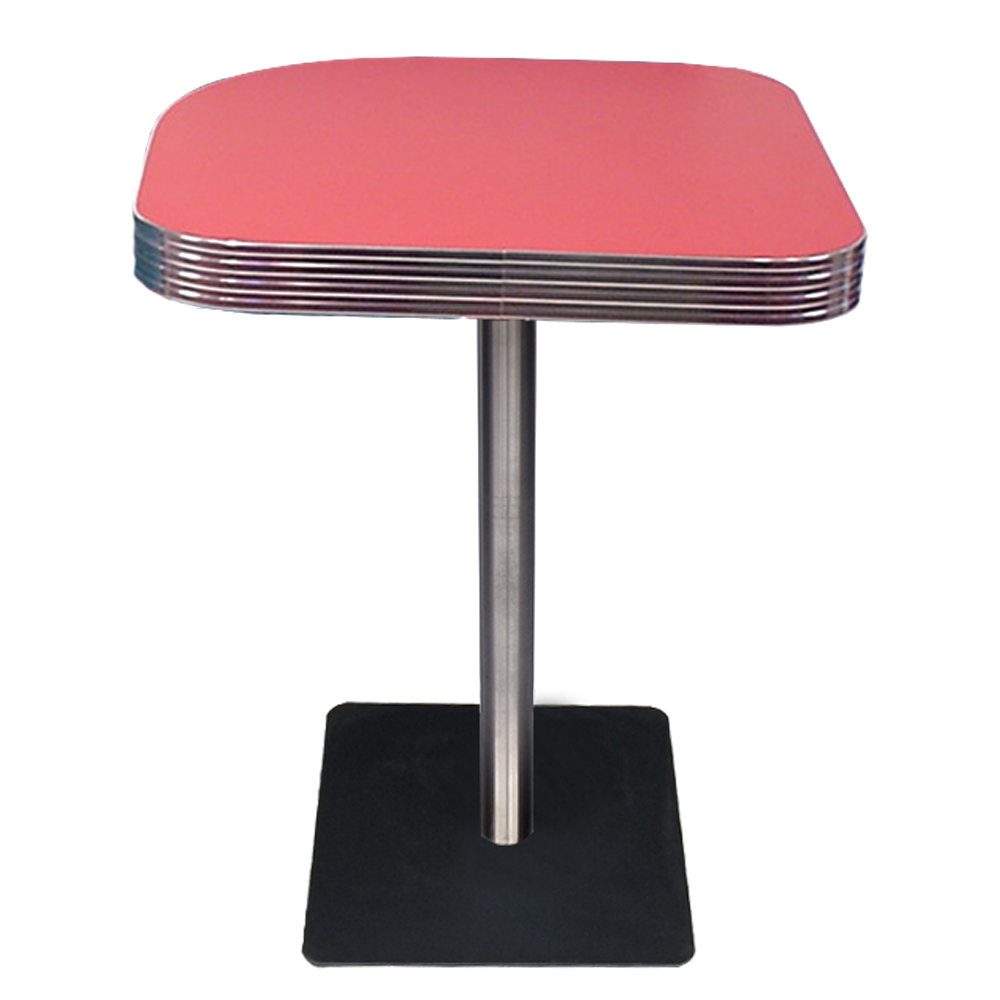 1950s american retro diner table M-8208,Customize arc-shape light red color formica veneer with glossy edge and black color iron square table legs 1950s retro coffee room table