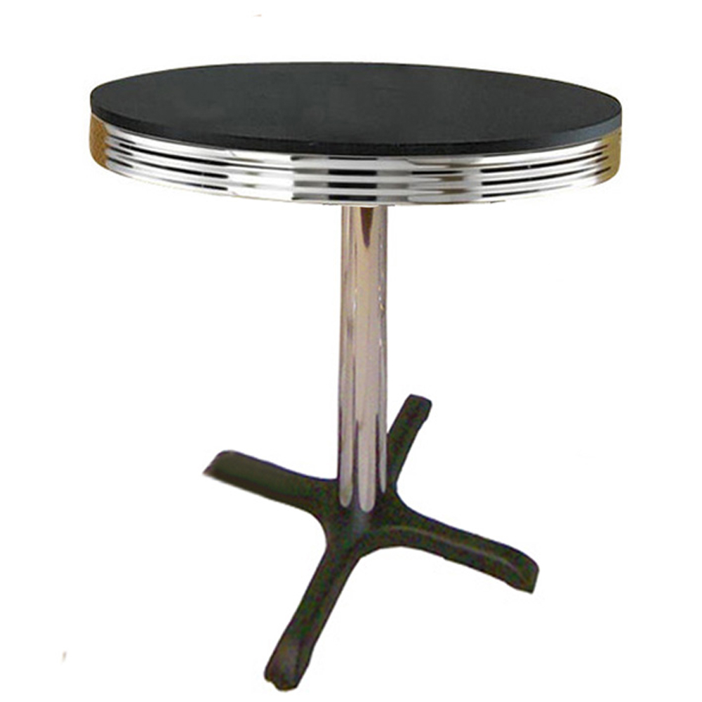 1950s american retro diner table M-8211,Wholesale round black colro formica laminate table top with black color iron cross table base american retro 1950's diner table for sale