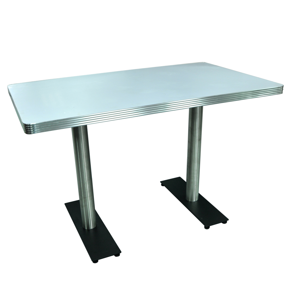 1950s american retro diner table M-8214,Customize light turquoise color formica laminate table top with aluminium edge and stripe black iron table legs fifties american diner table