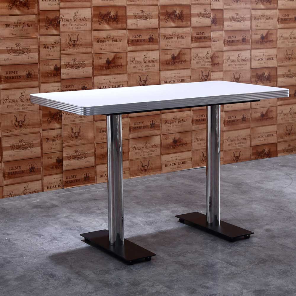 1950s american retro diner table M-8216,High quality ice white color formican veneer rectangle table top with 2 pieces long stripe black color table legs midcentury american bar table