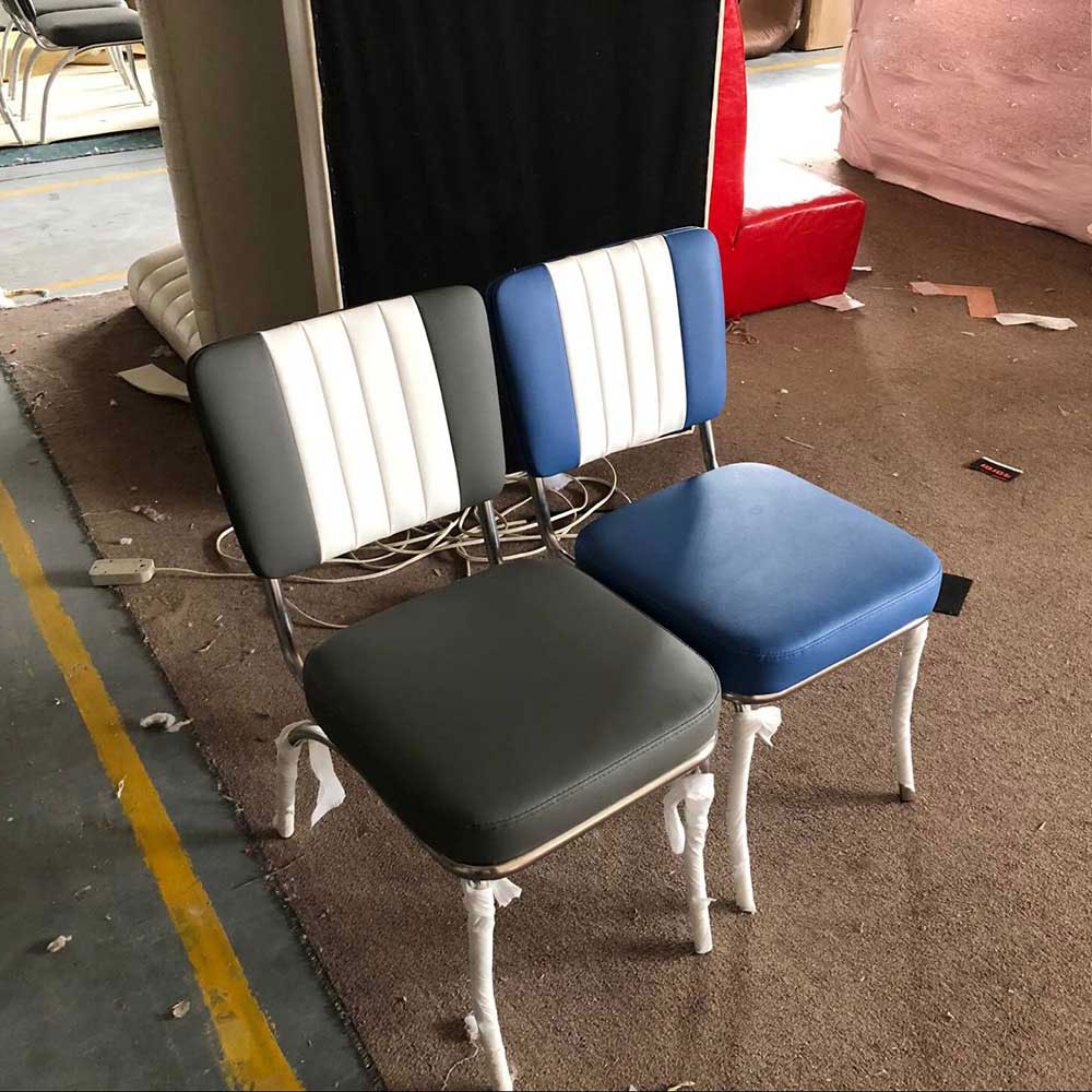 1950s american retro diner chair M-8309,Customize blue/black leather chrome diner chairs, simple seater blue/black with white american 50s diner chrome chairs for sale