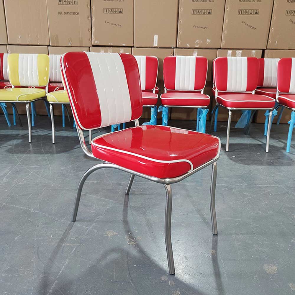 1950s american retro diner chair M-8312,Wholesale red and white glossy leather dining room mid-century retro diner chair,stripe back 1950s retro chorme dining room chairs