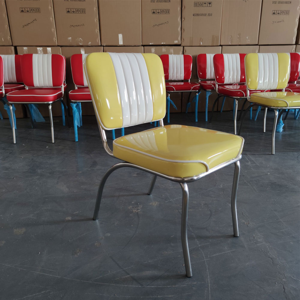 1950s american retro diner chair M-8313,Customize glossy yellow color steel frame with piping american retro restaurant chair, glossy yellow leather american retro diner chair