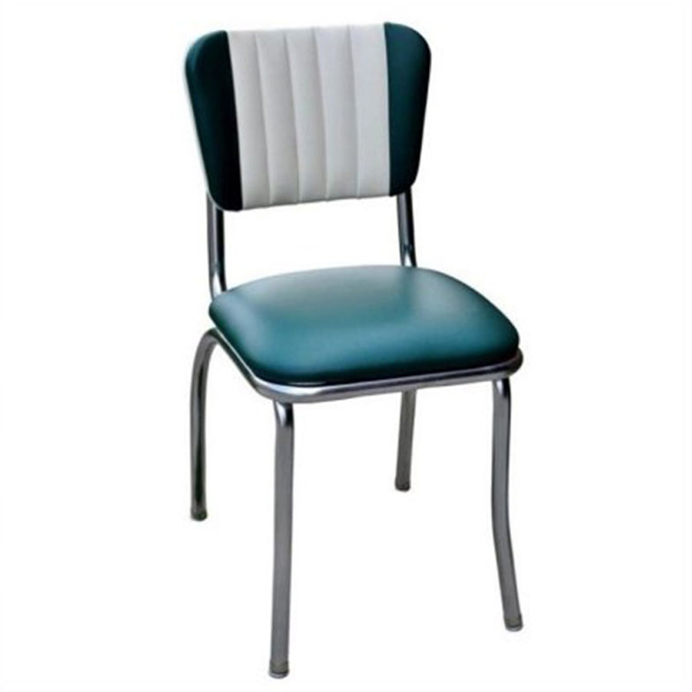 1950s american retro diner chair M-8315,High quality thin and smooth seat steel retro dinette chairs, stripe white back and drake blue PU leather steel 50's retro dintte chairs