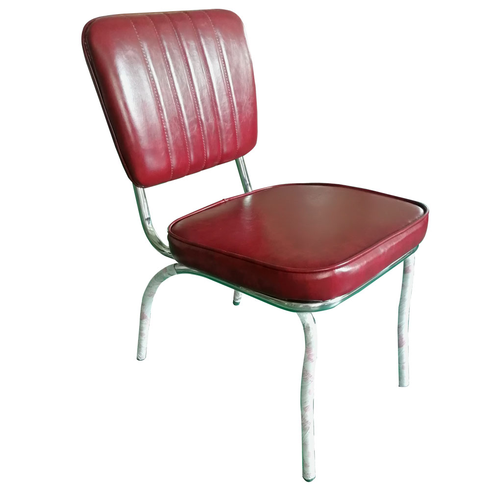 1950s american retro diner chair M-8318,Wholesale rubby leather mid-century retro diner chairs, steel frame with piping stripe back rubby colour american diner chairs for sale