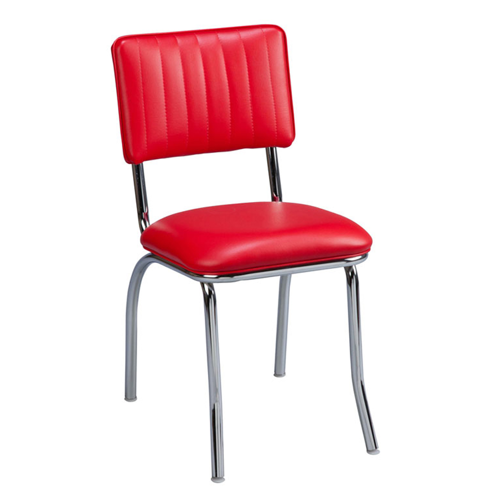 1950s american retro diner chair M-8319,Customize red stripe back and red thin seat american retro dinette chairs, gloss chrome frame 1950s american dinette chairs for sale