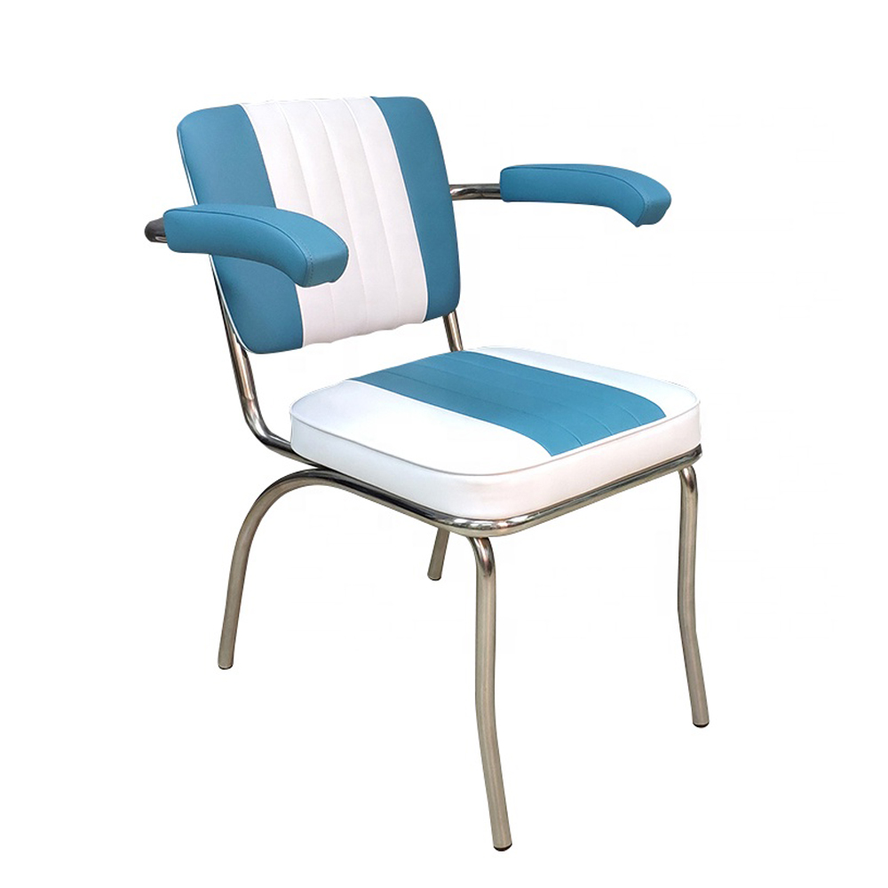 1950s american retro diner chair M-8324,Wholesale turquoise PU leather with armrest chrome retro diner chairs, stripe back and seat 1950's armrest chrome diner chairs for sale