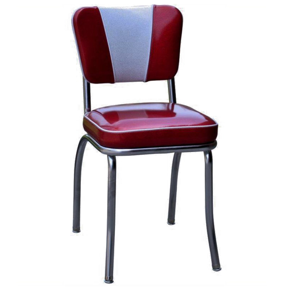 1950s american retro diner chair M-8325,Classic rubby and white color vinyl V back midcentury american dinette chairs, with V back american 1950s stainless steel dinette chairs