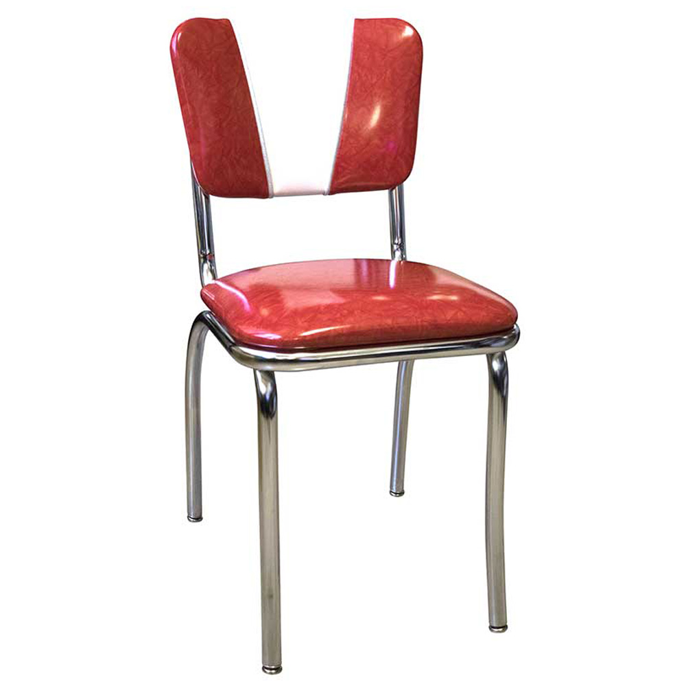 1950s american retro diner chair M-8327,Glossy white and rubby PVC leather V back stainless steel 1950s diner chairs, thin seat gloss leather V back steel 50s diner chairs for sale