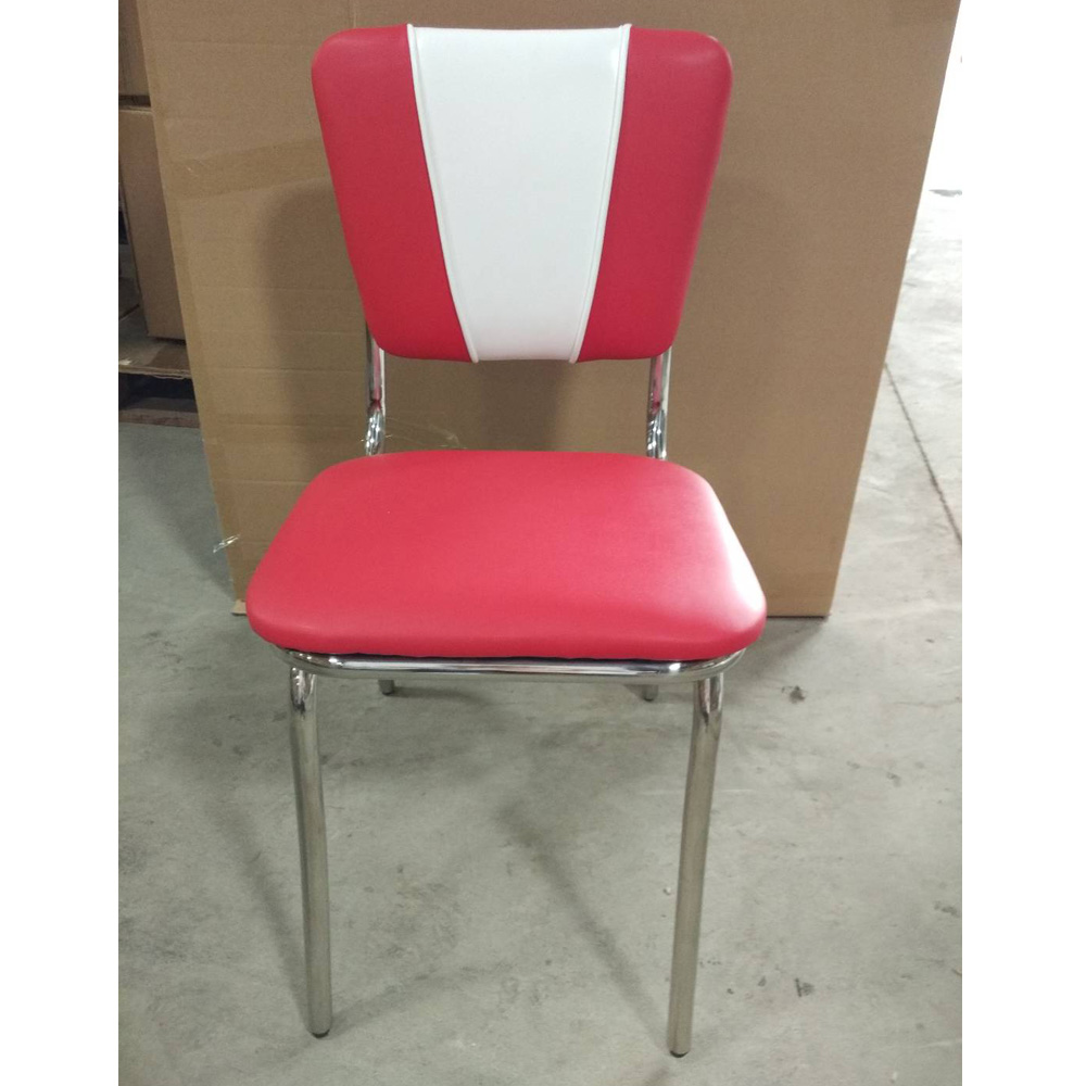 1950s american retro diner chair M-8330,Gloss stainless steel frame with red and white leather V back retro restaurant chairs, with piping V back steel retro restaurant chairs for sale
