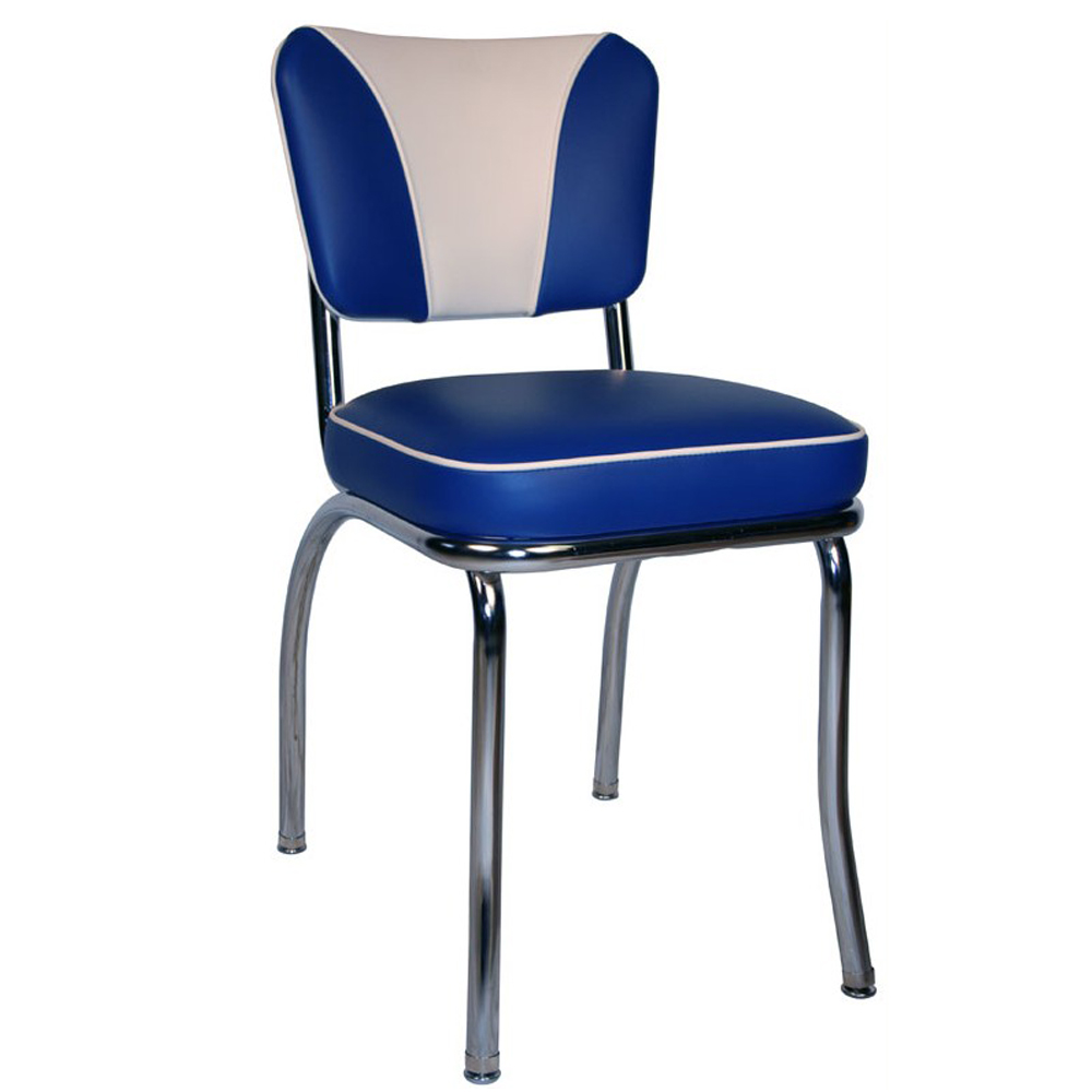 1950s american retro diner chair M-8331,Durable blue and white PU leather V back 1950s style chrome retro fast food steel chairs, V back 1950's fast food red chrome chairs for sale