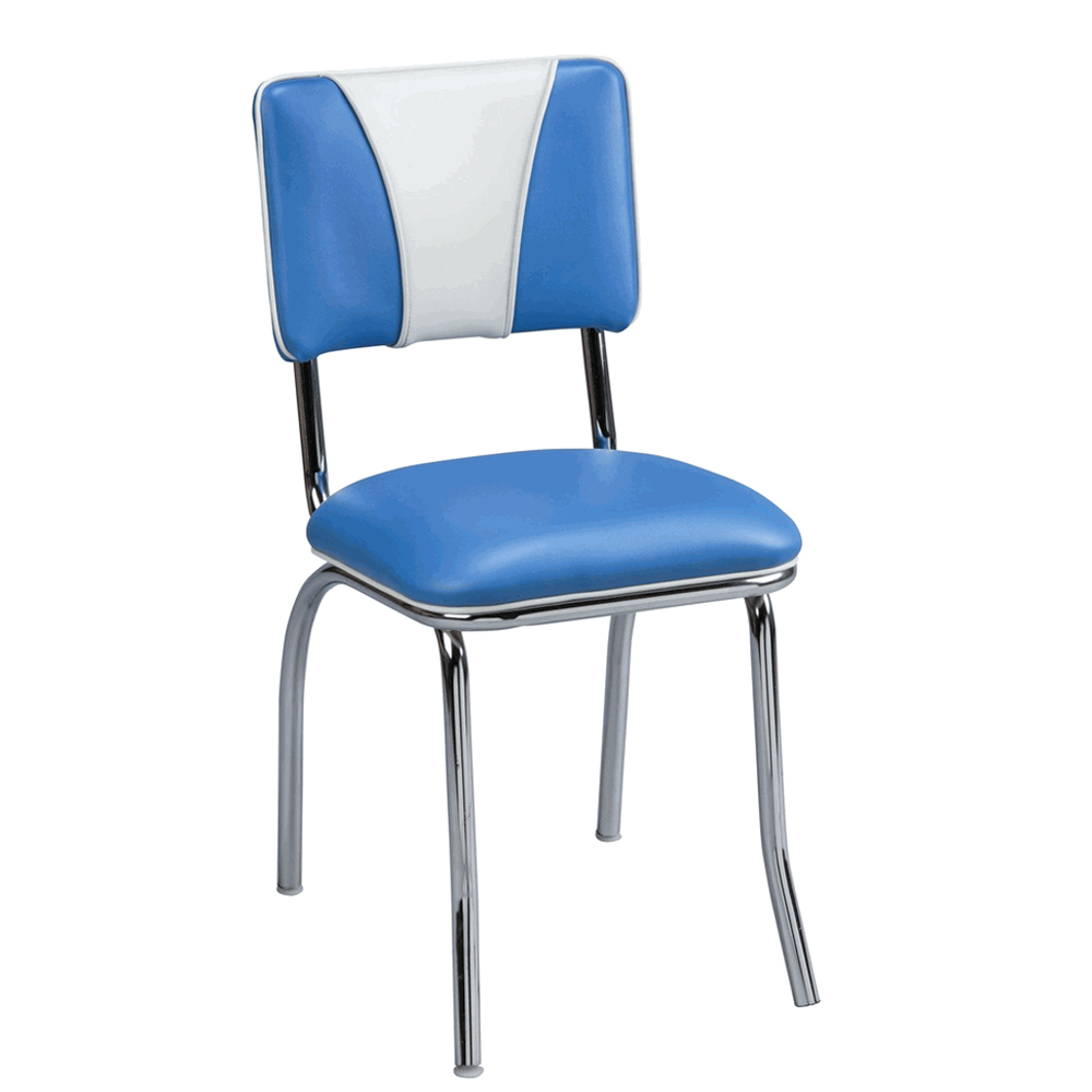 1950s american retro diner chair M-8332,light blue V back leather american diner chairs, midcentury light blue and white stainless steel frame 50's american diner chairs for sale