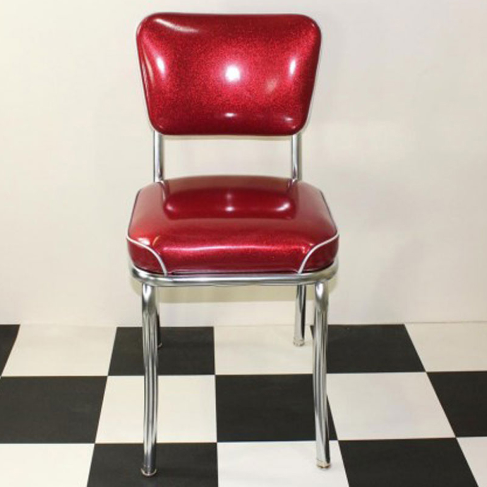 1950s american retro diner chair M-8350,Total rubby mirror leather bent back midcentury chrome chairs, gloss rubby colour leather with piping decor american chrome chair