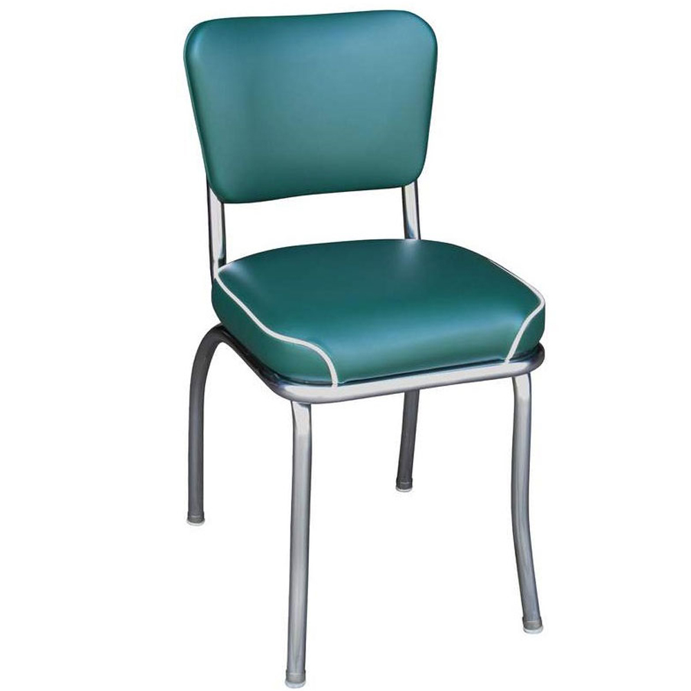 1950s american retro diner chair M-8355,Drak turquoise leather bent backrest american style 1960s chairs, bent backrest with piping seat stainless steel 60s american chairs