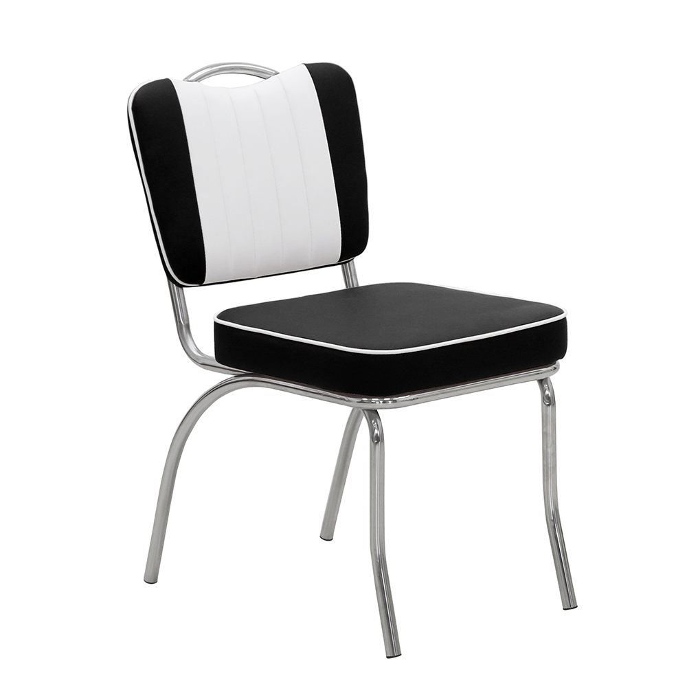1950s american retro diner chair M-8365,Black and white leather restaurant steel retro 50s dining chairs, stainless steel frame with handle back black leather 50s retro dining chairs
