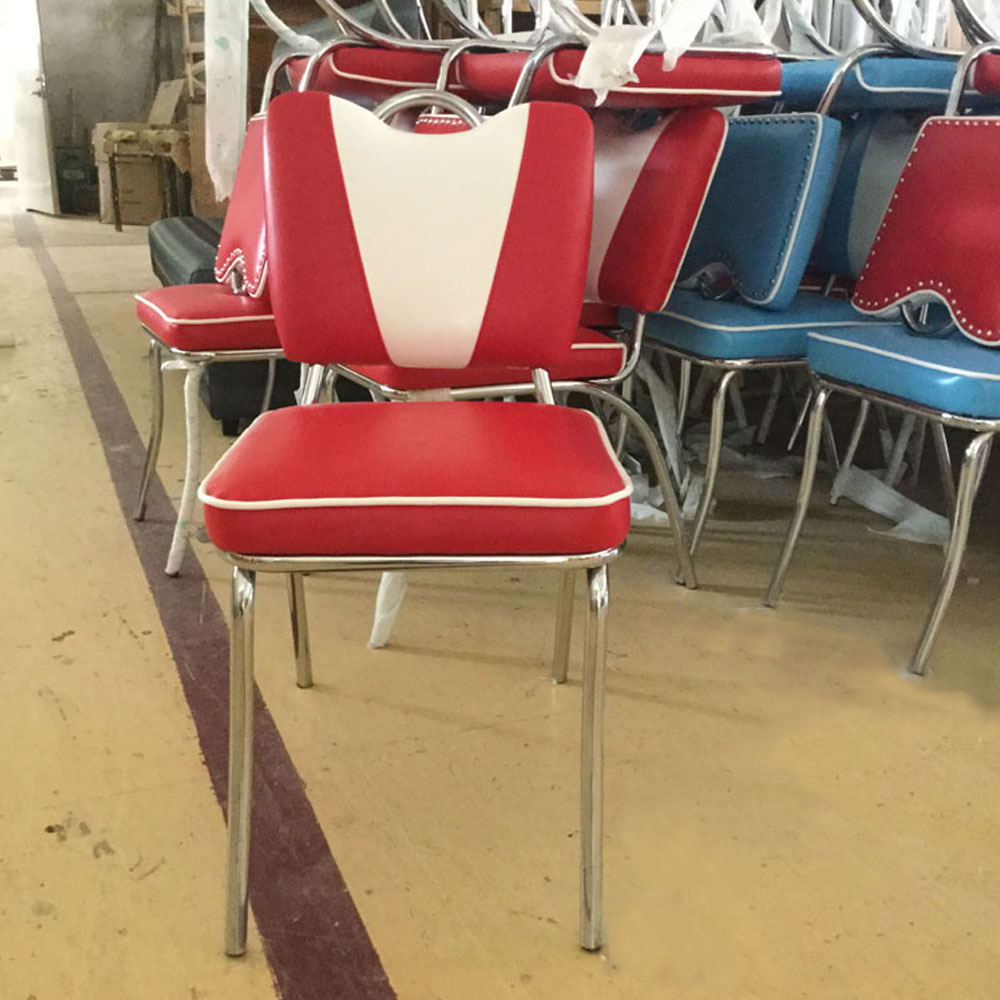 1950s american retro diner chair M-8367,Gloss red and white V back restaurant retro 1950s chrome chairs, restaurant red and white leather with handle 1950s retro dining chairs