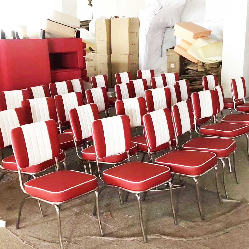 1950s american retro diner chair M-8369,Stripe back red and white leather 1950s retro dining room chairs, red color steel frame retro 1950s dining chair with stripe backrest