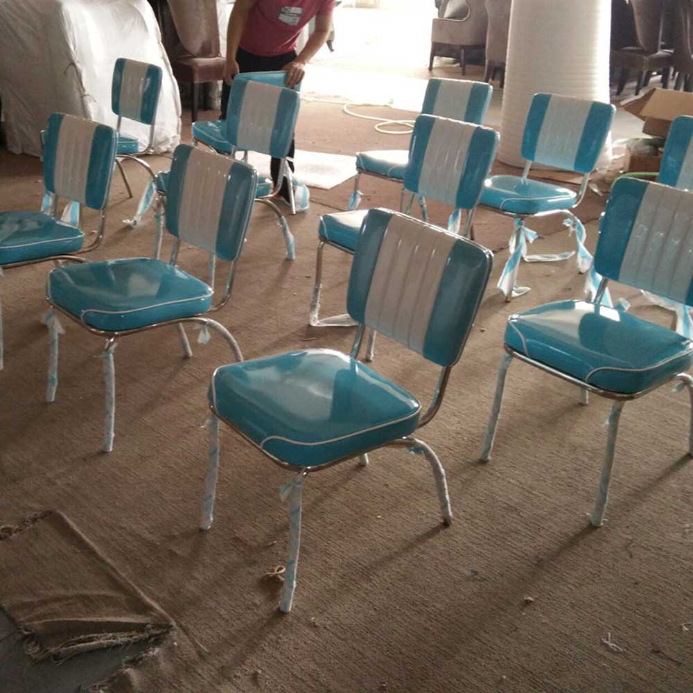 1950s american retro diner chair M-8370,Gloss turquoise vinyl fast food room 1950s style retro chrome chairs, steel frame with gloss turquoise leather retro 1950s fast food chairs