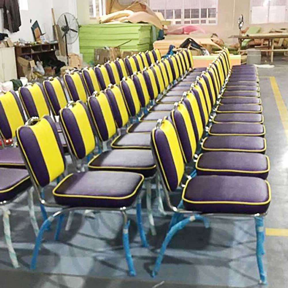 1950s american retro diner chair M-8372,Customize purple with yellow stripe back midcentury retro diner chairs, steel frame with handle back 1950s retro dining room chairs