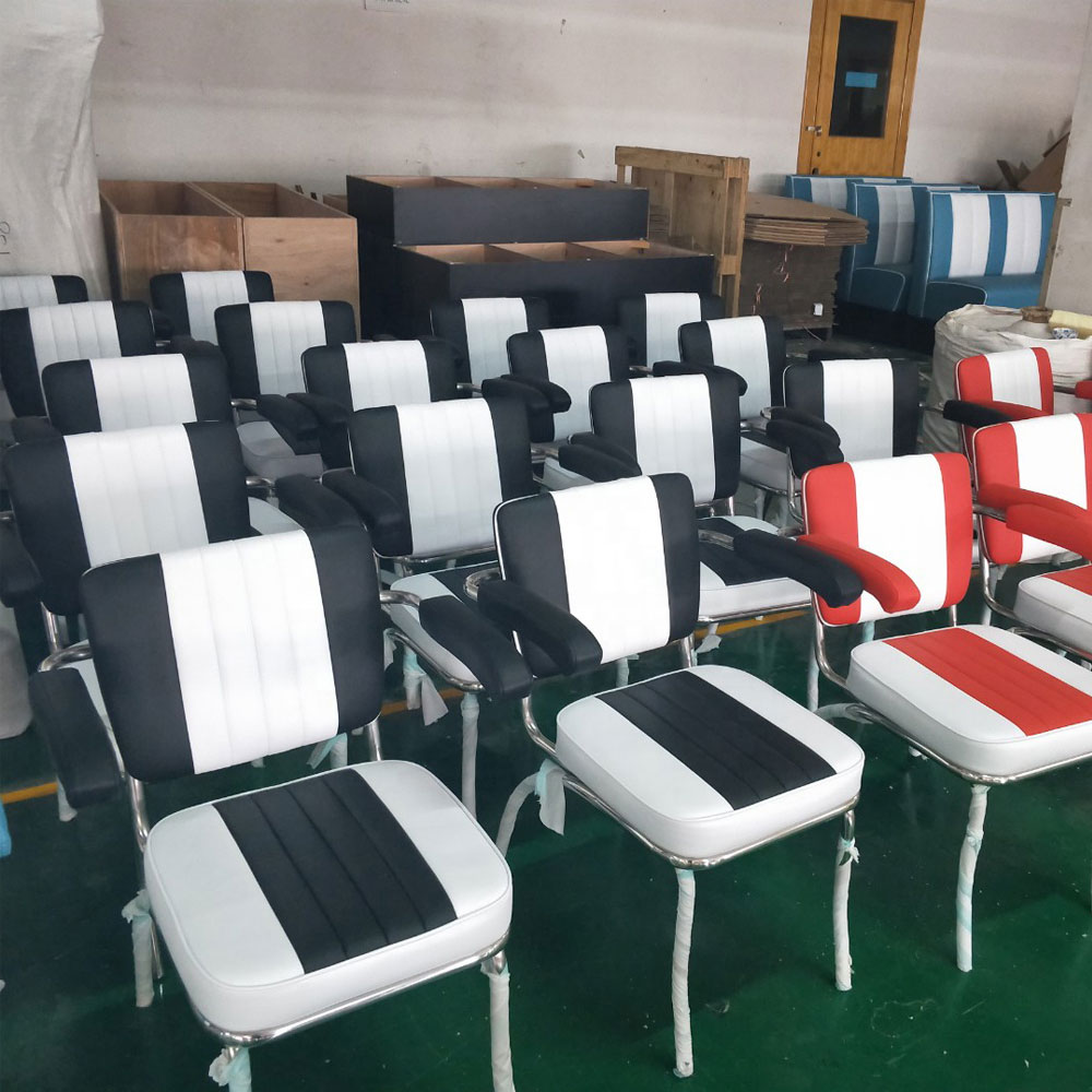 1950s american retro diner chair M-8374,High quality black stripe back with armrest midcentury american diner chairs, stainless steel back armrest american 50s diner chairs
